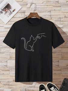 Cat Print T-Shirt for Men's Casual Crew Neck Short-Sleeve Fashion Summer T-Shirts Tops, Regular and Oversize Tees